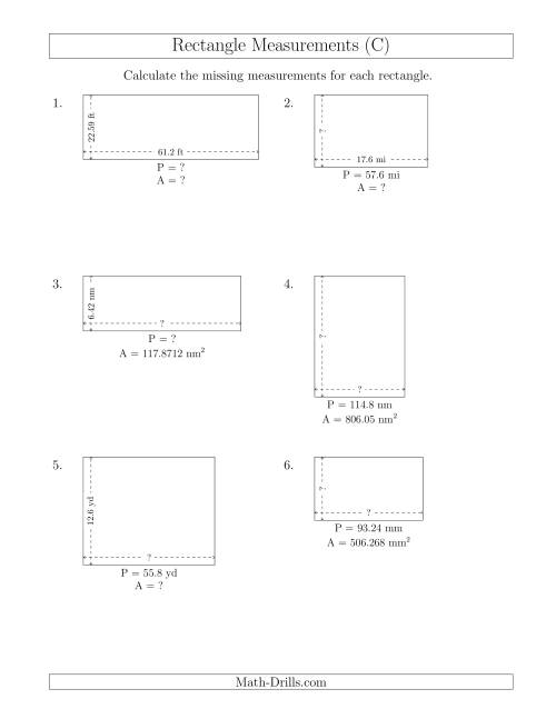 The Calculating Various Rectangle Measurements (Decimal Numbers) (C) Math Worksheet