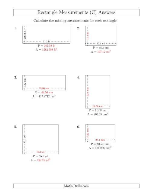 The Calculating Various Rectangle Measurements (Decimal Numbers) (C) Math Worksheet Page 2