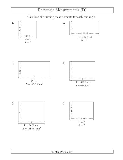 The Calculating Various Rectangle Measurements (Decimal Numbers) (D) Math Worksheet