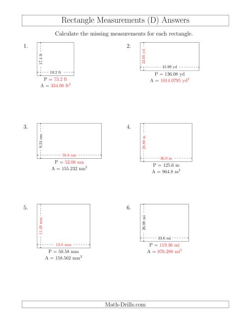 The Calculating Various Rectangle Measurements (Decimal Numbers) (D) Math Worksheet Page 2
