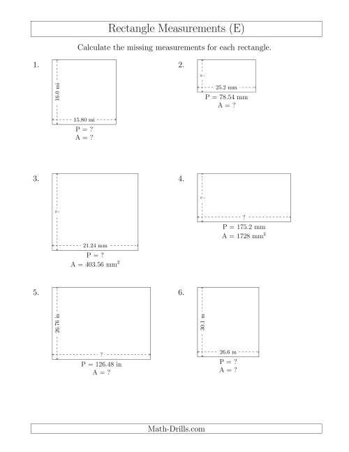 The Calculating Various Rectangle Measurements (Decimal Numbers) (E) Math Worksheet