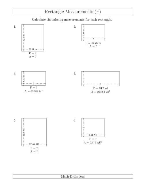 The Calculating Various Rectangle Measurements (Decimal Numbers) (F) Math Worksheet
