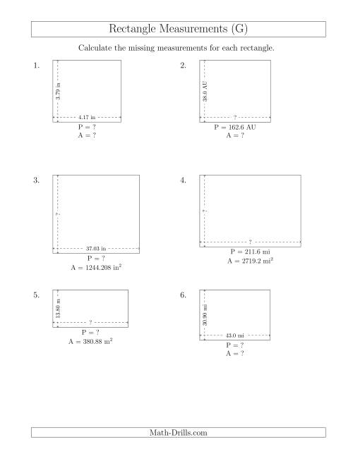 The Calculating Various Rectangle Measurements (Decimal Numbers) (G) Math Worksheet
