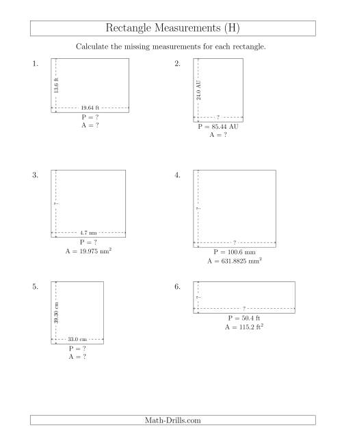 The Calculating Various Rectangle Measurements (Decimal Numbers) (H) Math Worksheet