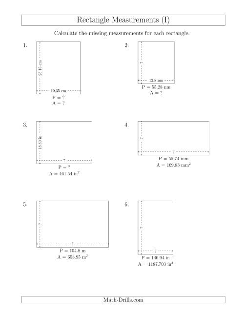 The Calculating Various Rectangle Measurements (Decimal Numbers) (I) Math Worksheet