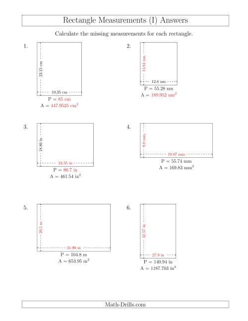 The Calculating Various Rectangle Measurements (Decimal Numbers) (I) Math Worksheet Page 2