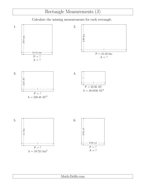 The Calculating Various Rectangle Measurements (Decimal Numbers) (J) Math Worksheet