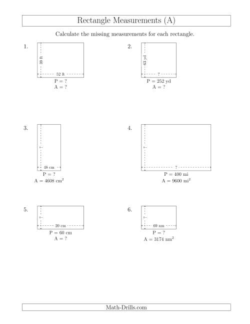 The Calculating Various Rectangle Measurements (Larger Whole Numbers) (A) Math Worksheet