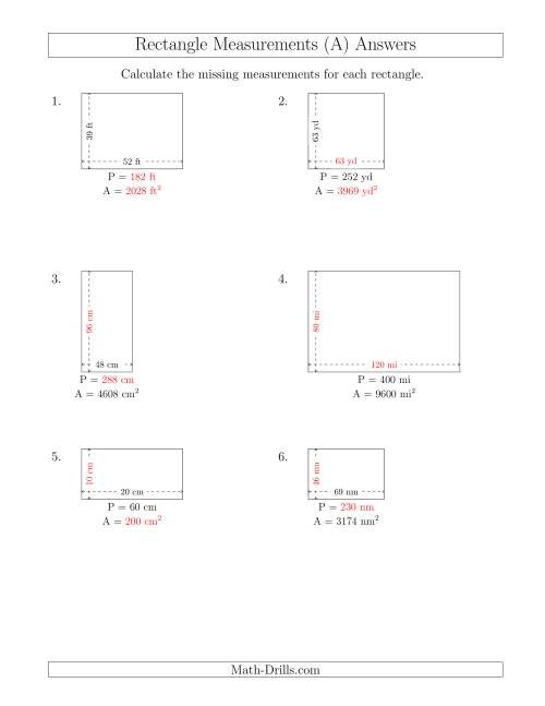 The Calculating Various Rectangle Measurements (Larger Whole Numbers) (A) Math Worksheet Page 2