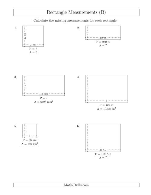 The Calculating Various Rectangle Measurements (Larger Whole Numbers) (B) Math Worksheet