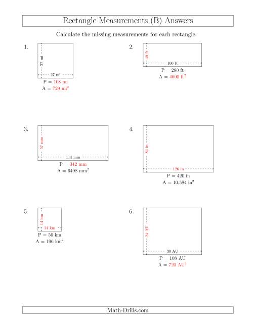 The Calculating Various Rectangle Measurements (Larger Whole Numbers) (B) Math Worksheet Page 2