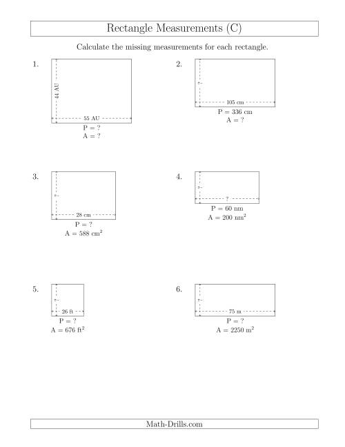 The Calculating Various Rectangle Measurements (Larger Whole Numbers) (C) Math Worksheet