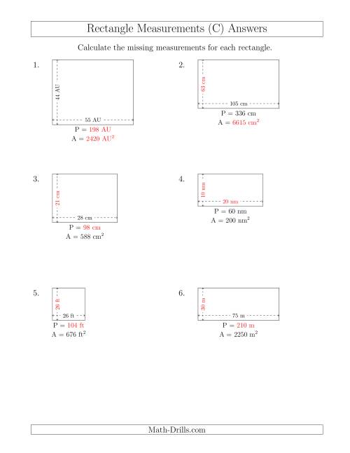 The Calculating Various Rectangle Measurements (Larger Whole Numbers) (C) Math Worksheet Page 2