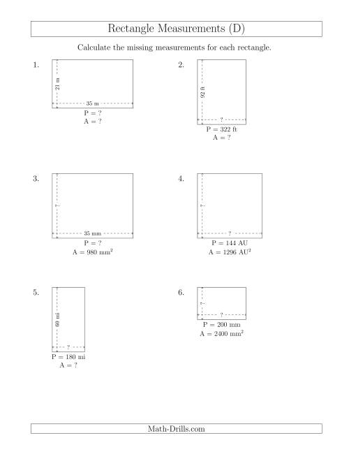 The Calculating Various Rectangle Measurements (Larger Whole Numbers) (D) Math Worksheet
