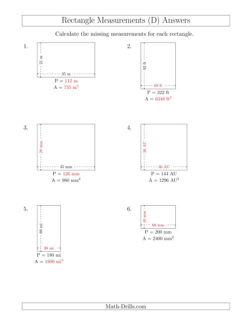 The Calculating Various Rectangle Measurements (Larger Whole Numbers) (D) Math Worksheet Page 2
