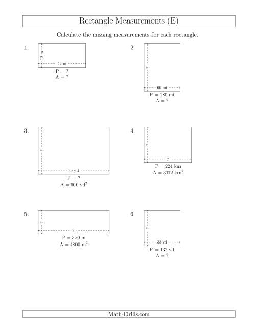 The Calculating Various Rectangle Measurements (Larger Whole Numbers) (E) Math Worksheet