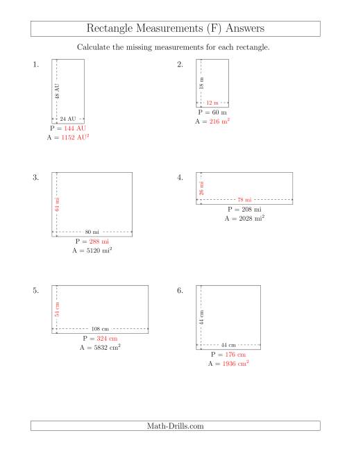 The Calculating Various Rectangle Measurements (Larger Whole Numbers) (F) Math Worksheet Page 2