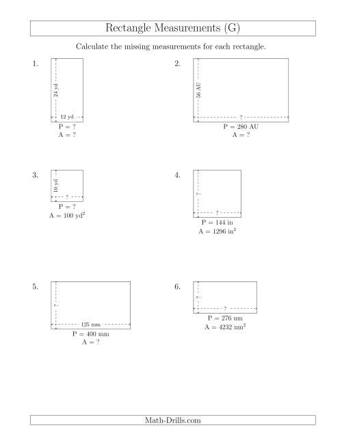 The Calculating Various Rectangle Measurements (Larger Whole Numbers) (G) Math Worksheet