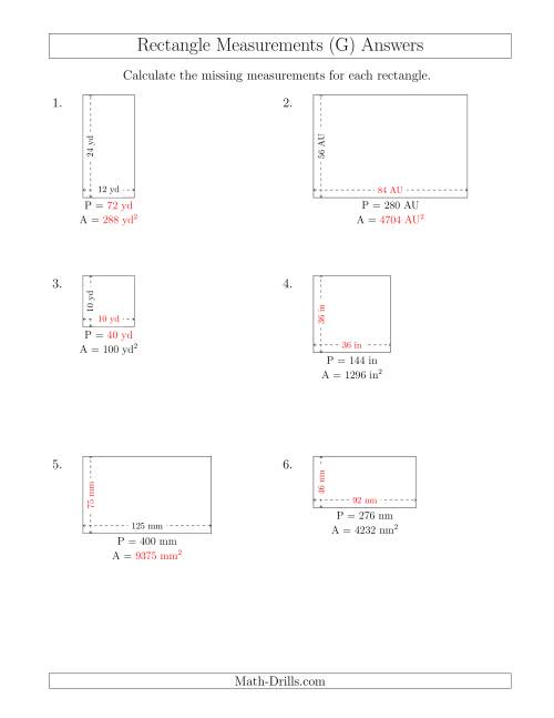 The Calculating Various Rectangle Measurements (Larger Whole Numbers) (G) Math Worksheet Page 2