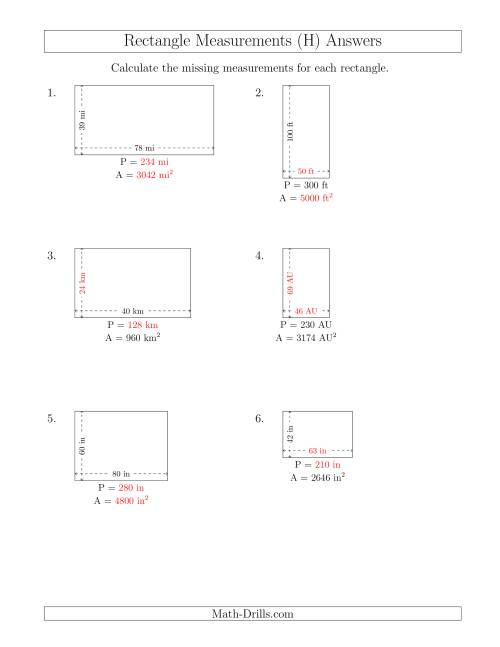 The Calculating Various Rectangle Measurements (Larger Whole Numbers) (H) Math Worksheet Page 2