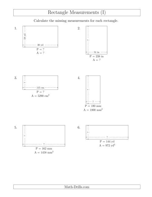 The Calculating Various Rectangle Measurements (Larger Whole Numbers) (I) Math Worksheet