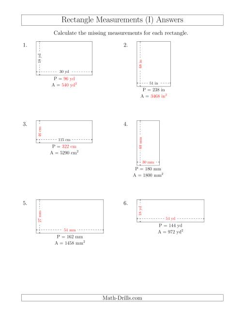 The Calculating Various Rectangle Measurements (Larger Whole Numbers) (I) Math Worksheet Page 2