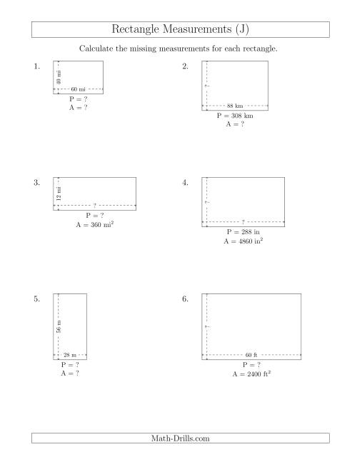 The Calculating Various Rectangle Measurements (Larger Whole Numbers) (J) Math Worksheet