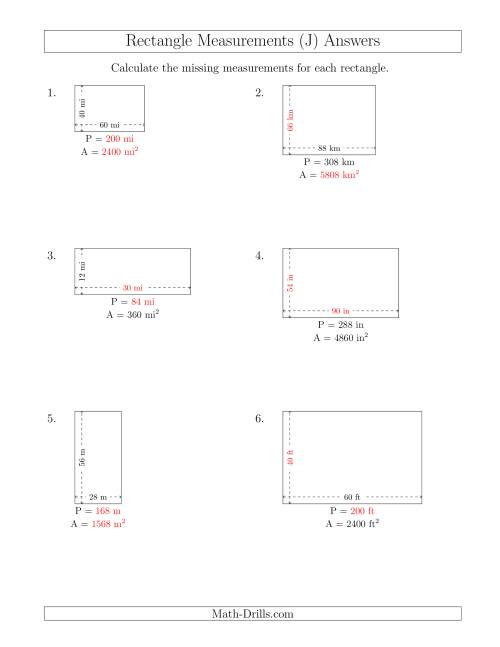 The Calculating Various Rectangle Measurements (Larger Whole Numbers) (J) Math Worksheet Page 2