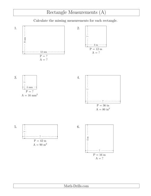 The Calculating Various Rectangle Measurements (Smaller Whole Numbers) (A) Math Worksheet
