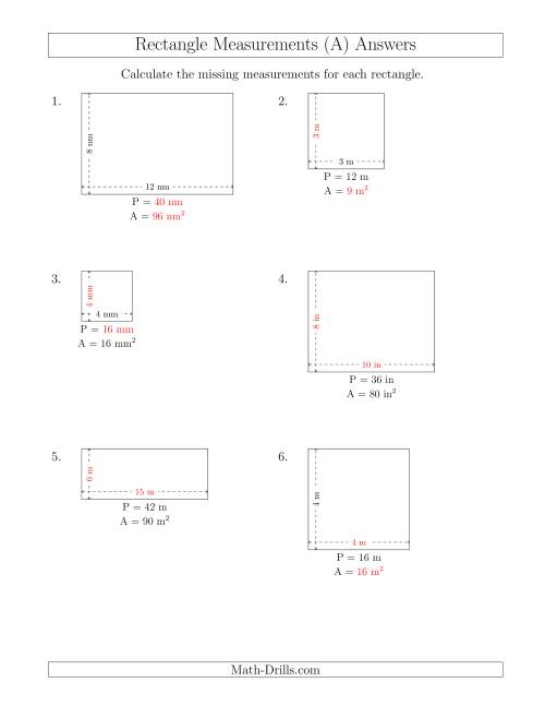 The Calculating Various Rectangle Measurements (Smaller Whole Numbers) (A) Math Worksheet Page 2