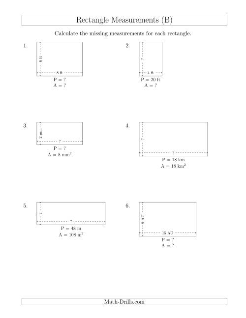 The Calculating Various Rectangle Measurements (Smaller Whole Numbers) (B) Math Worksheet