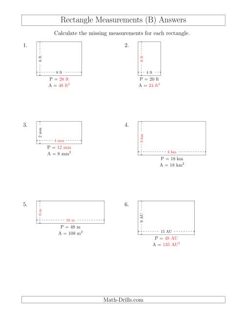 The Calculating Various Rectangle Measurements (Smaller Whole Numbers) (B) Math Worksheet Page 2