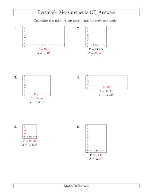 The Calculating Various Rectangle Measurements (Smaller Whole Numbers) (C) Math Worksheet Page 2