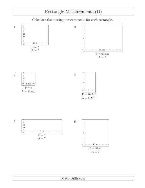 The Calculating Various Rectangle Measurements (Smaller Whole Numbers) (D) Math Worksheet