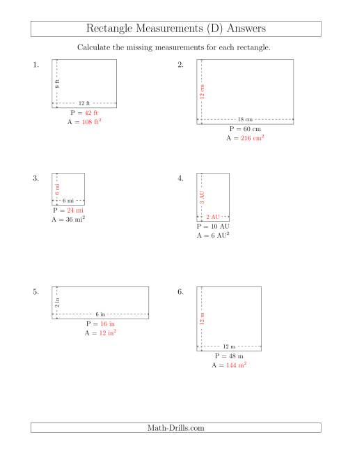 The Calculating Various Rectangle Measurements (Smaller Whole Numbers) (D) Math Worksheet Page 2