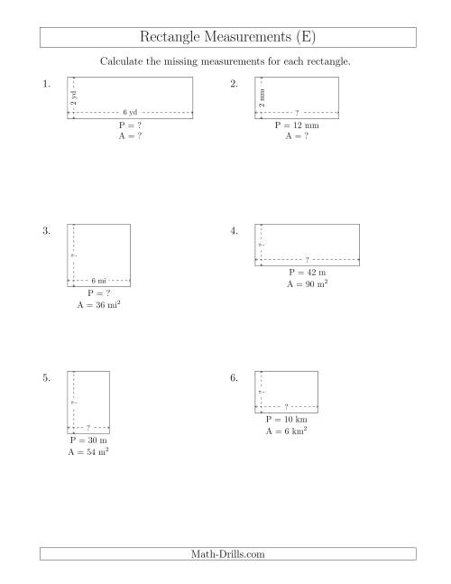 The Calculating Various Rectangle Measurements (Smaller Whole Numbers) (E) Math Worksheet