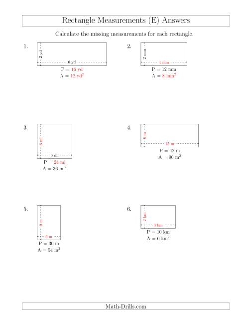 The Calculating Various Rectangle Measurements (Smaller Whole Numbers) (E) Math Worksheet Page 2