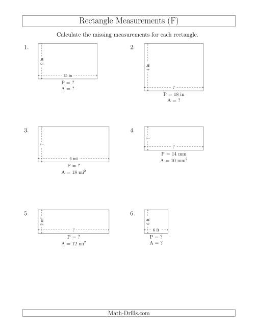 The Calculating Various Rectangle Measurements (Smaller Whole Numbers) (F) Math Worksheet