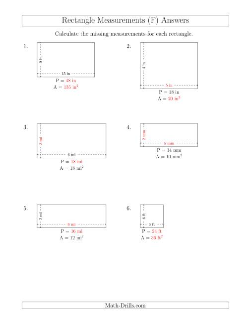 The Calculating Various Rectangle Measurements (Smaller Whole Numbers) (F) Math Worksheet Page 2