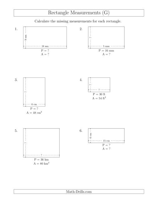 The Calculating Various Rectangle Measurements (Smaller Whole Numbers) (G) Math Worksheet