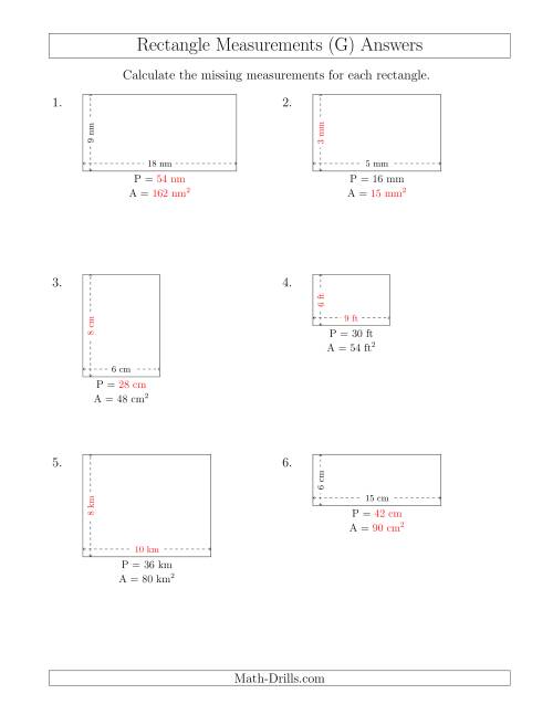 The Calculating Various Rectangle Measurements (Smaller Whole Numbers) (G) Math Worksheet Page 2
