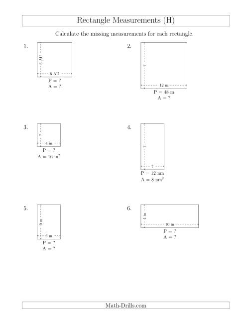 The Calculating Various Rectangle Measurements (Smaller Whole Numbers) (H) Math Worksheet