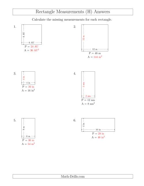 The Calculating Various Rectangle Measurements (Smaller Whole Numbers) (H) Math Worksheet Page 2