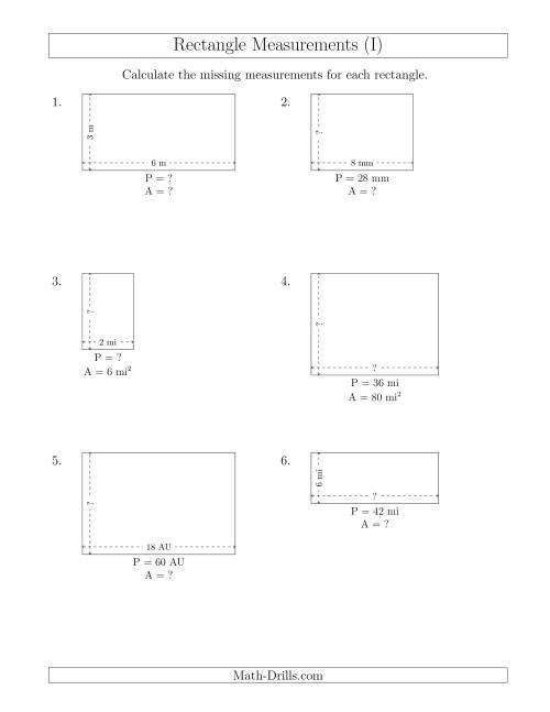 The Calculating Various Rectangle Measurements (Smaller Whole Numbers) (I) Math Worksheet