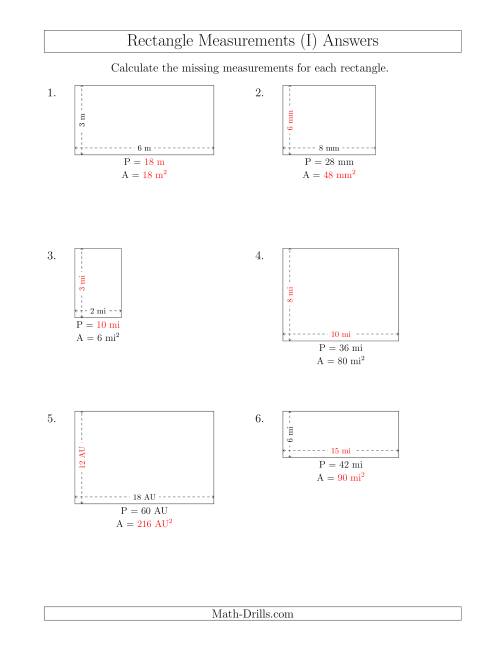 The Calculating Various Rectangle Measurements (Smaller Whole Numbers) (I) Math Worksheet Page 2