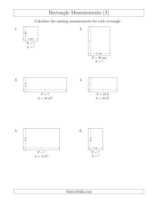 The Calculating Various Rectangle Measurements (Smaller Whole Numbers) (J) Math Worksheet