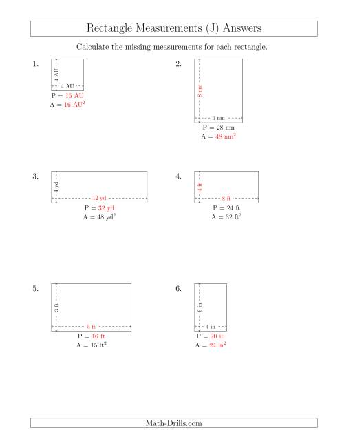 The Calculating Various Rectangle Measurements (Smaller Whole Numbers) (J) Math Worksheet Page 2
