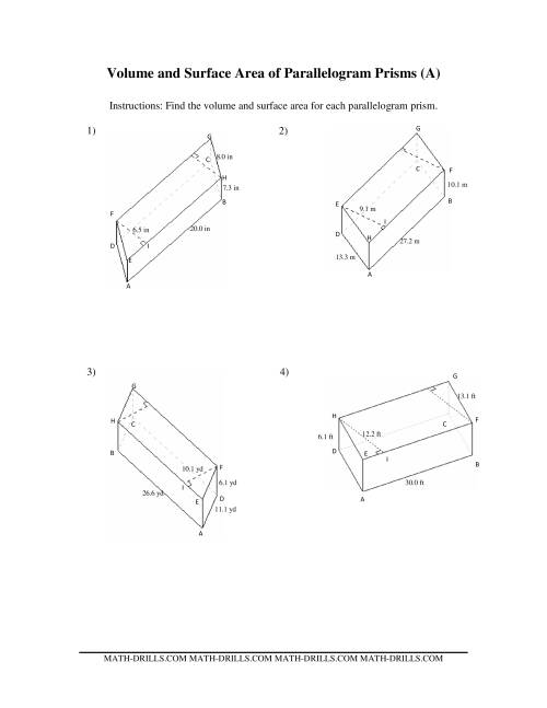 The Volume and Surface Area of Parallelogram Prisms (A) Math Worksheet