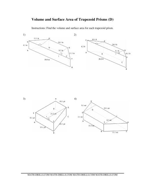 The Volume and Surface Area of Trapezoid Prisms (D) Math Worksheet