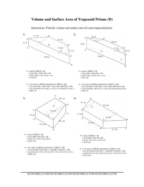 The Volume and Surface Area of Trapezoid Prisms (D) Math Worksheet Page 2